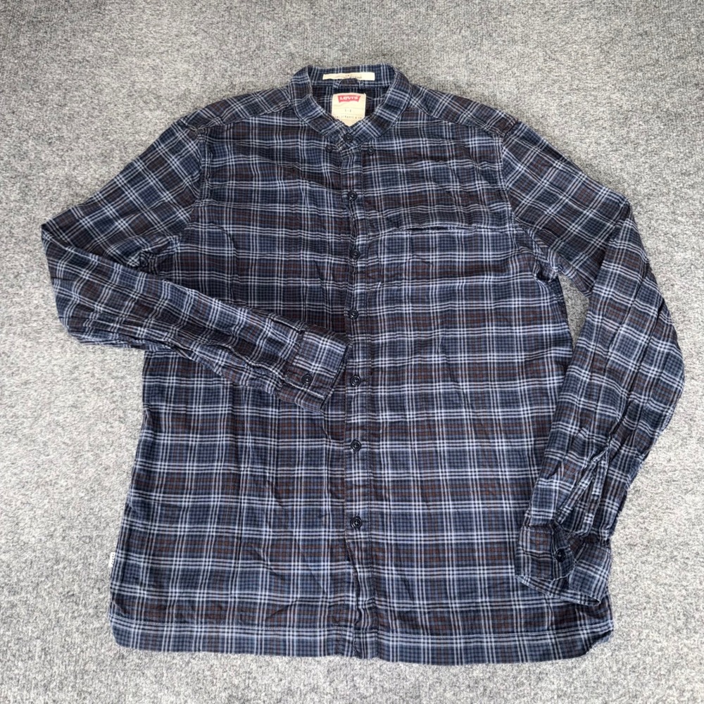 Levis Mens Slim Fit Band Collar Plaid Button Down Shirt Blue Brown Large Western